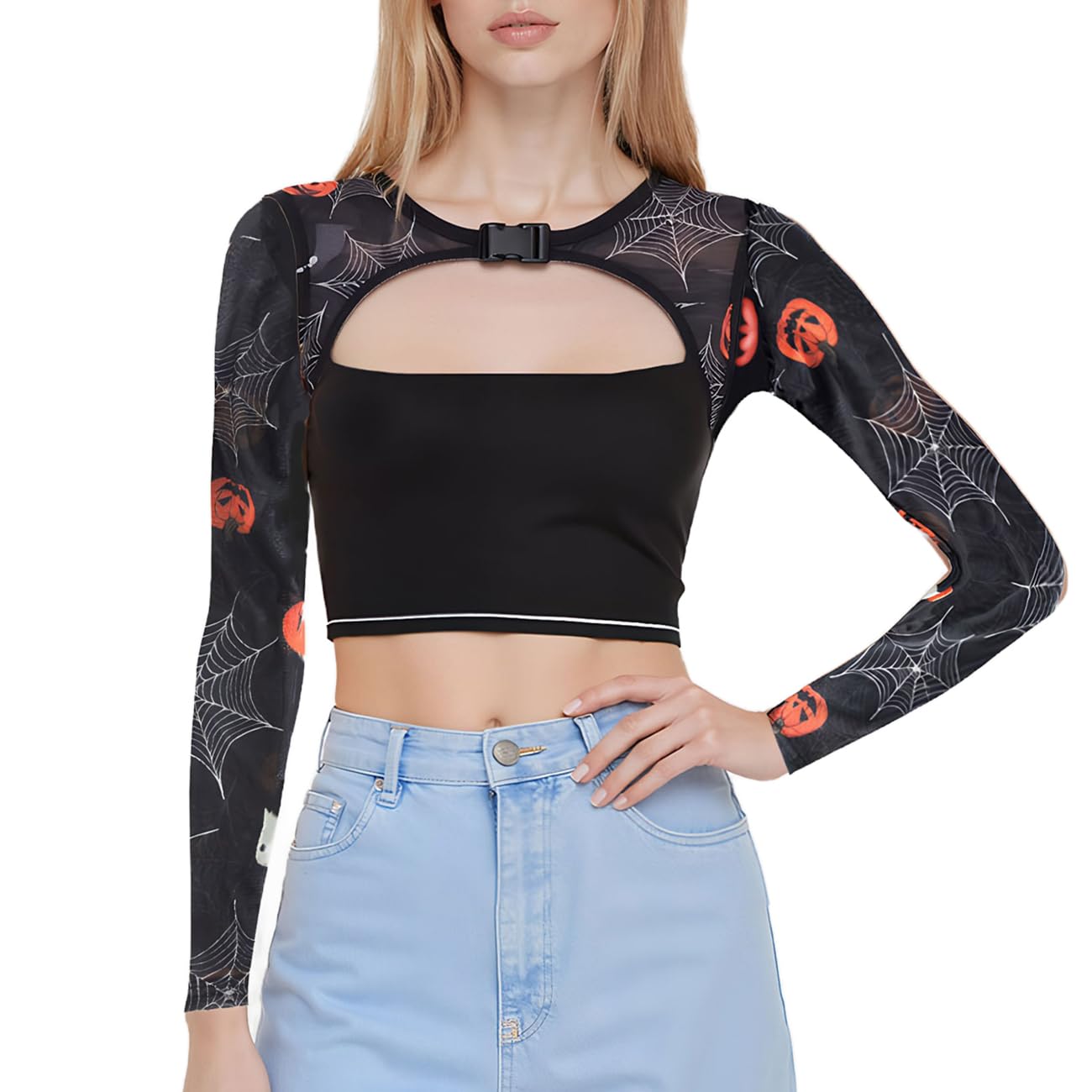 Ypser Halloween See Through Mesh Crop Top Sheer Open Front Shrug Fishnet Arm Sleeves Shirts with Release Plastic Buckles