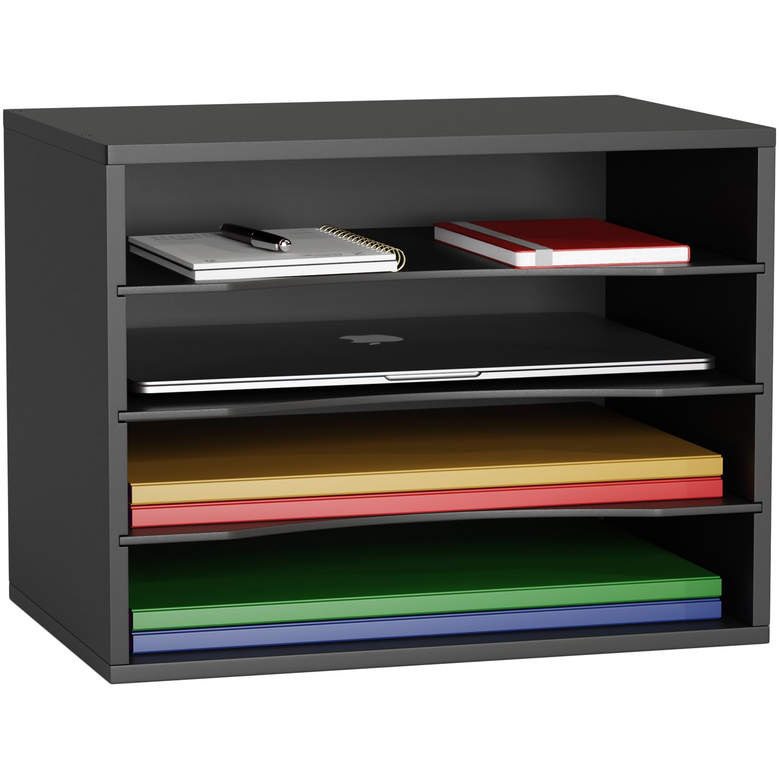 Wood Desktop Letter Tray File Organizer, Paper Storage Mail Sorter with 3 Adjustable Drawer Boards for Home and Office, Black