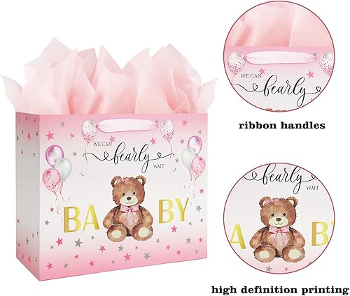 Miniatura 4 de Bolsa grande de regalo de cumpleaños para baby shower de 13 pulgadas para niña con papel de seda y tarjeta, globos rosados, diseño de oso con asas