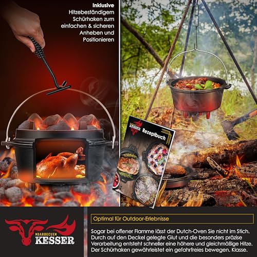 Foto von KESSER® Dutch Oven Set BBQ 7,3 Liter, Feuertopf Schmortopf mit Füßen, Gusseisen Topf mit Deckelheber Henkel und Schlitz für Themormeter, kochkessel Grilltopf Gulaschkessel für Oudoor & Indoor