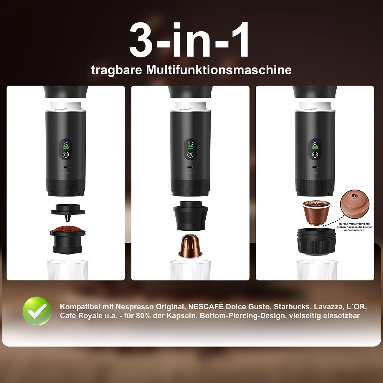 Siebträgermaschine Akku-Espressomaschine 20 bar für Pulver und Kapseln