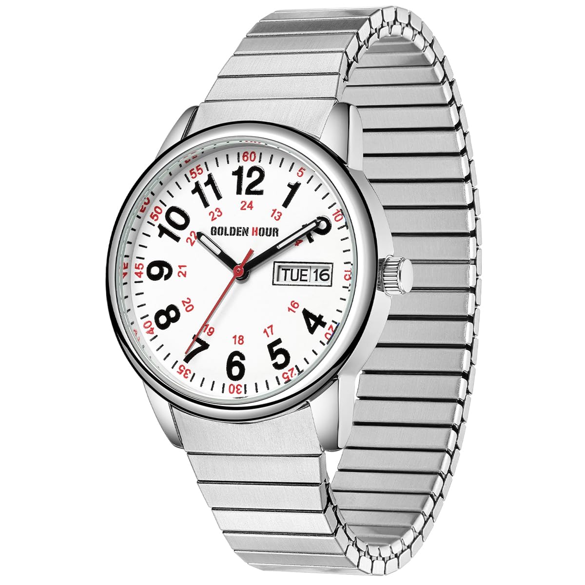 GOLDEN HOUREasy Read Analog Quartz Watch for Men and Women with Stainless Steel Expansion Band and Glow Dial