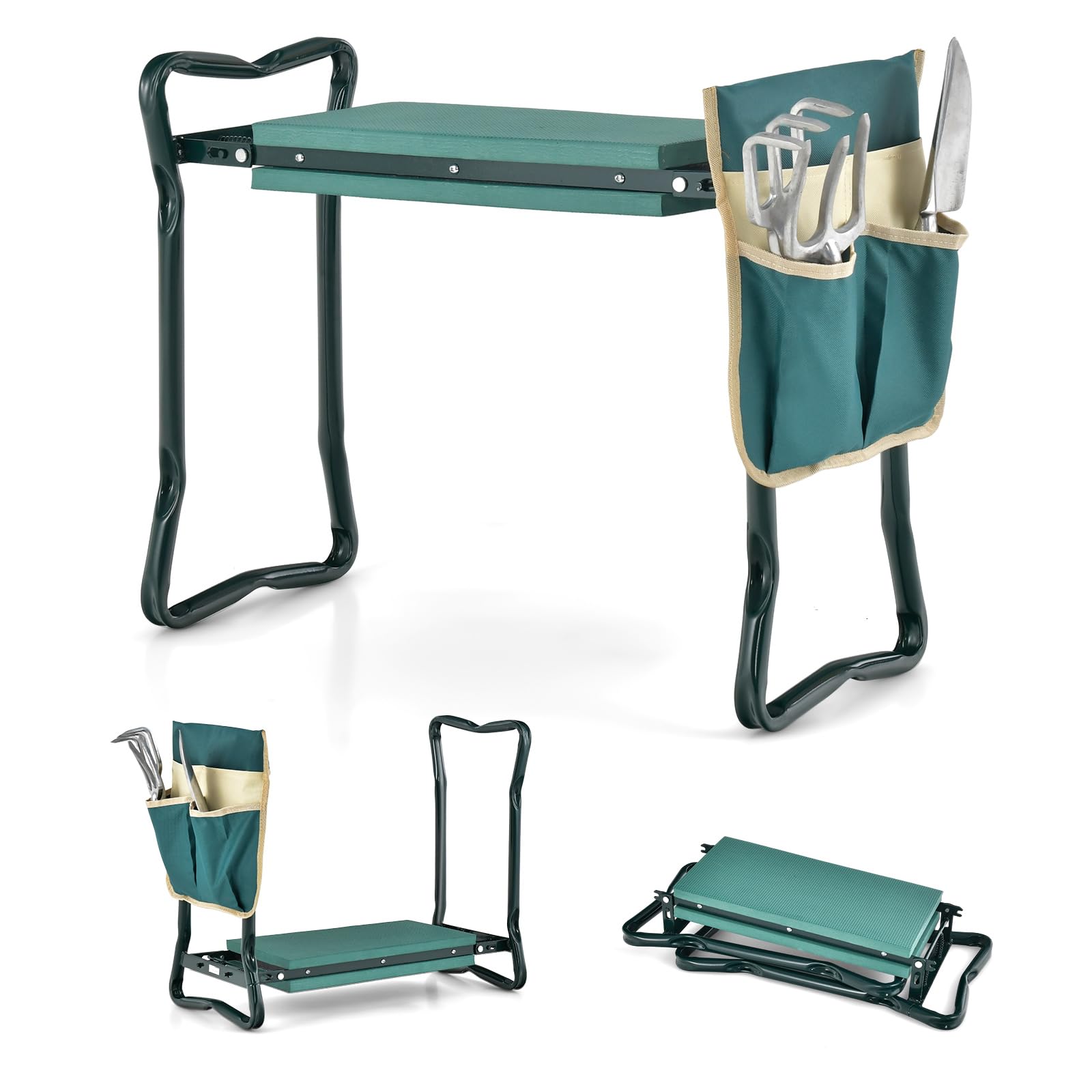 KOMFOTTEU Repose-Genoux avec Tapis et Sacs à Outils, Tabourets de Jardinage pliants, Charge de 150 kg, Banc de Jardin, Banc de Récolte Protection des Genoux, 58 x 28 x 13/49 cm (1 Sacs à Outils)