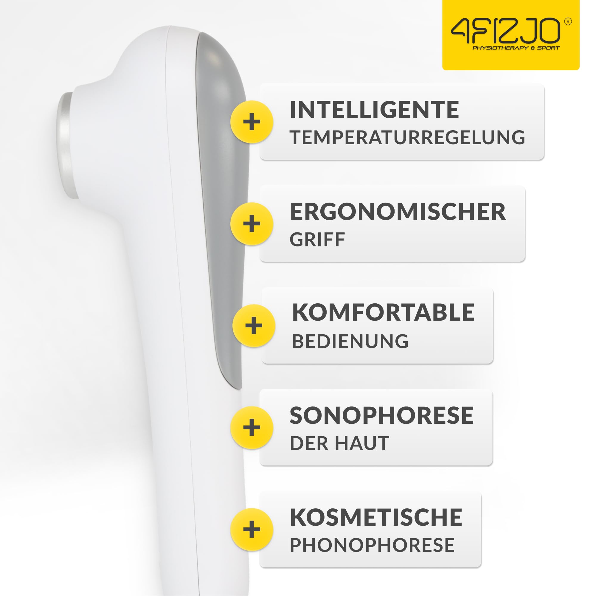 4FIZJO Tragbares Ultraschallgerät, Ultraschall Handgerät Schallwellengerät | für Zuhause, Physiotherapie, Wärmende Mikromassage, Körper, Gesicht und Hautpflege