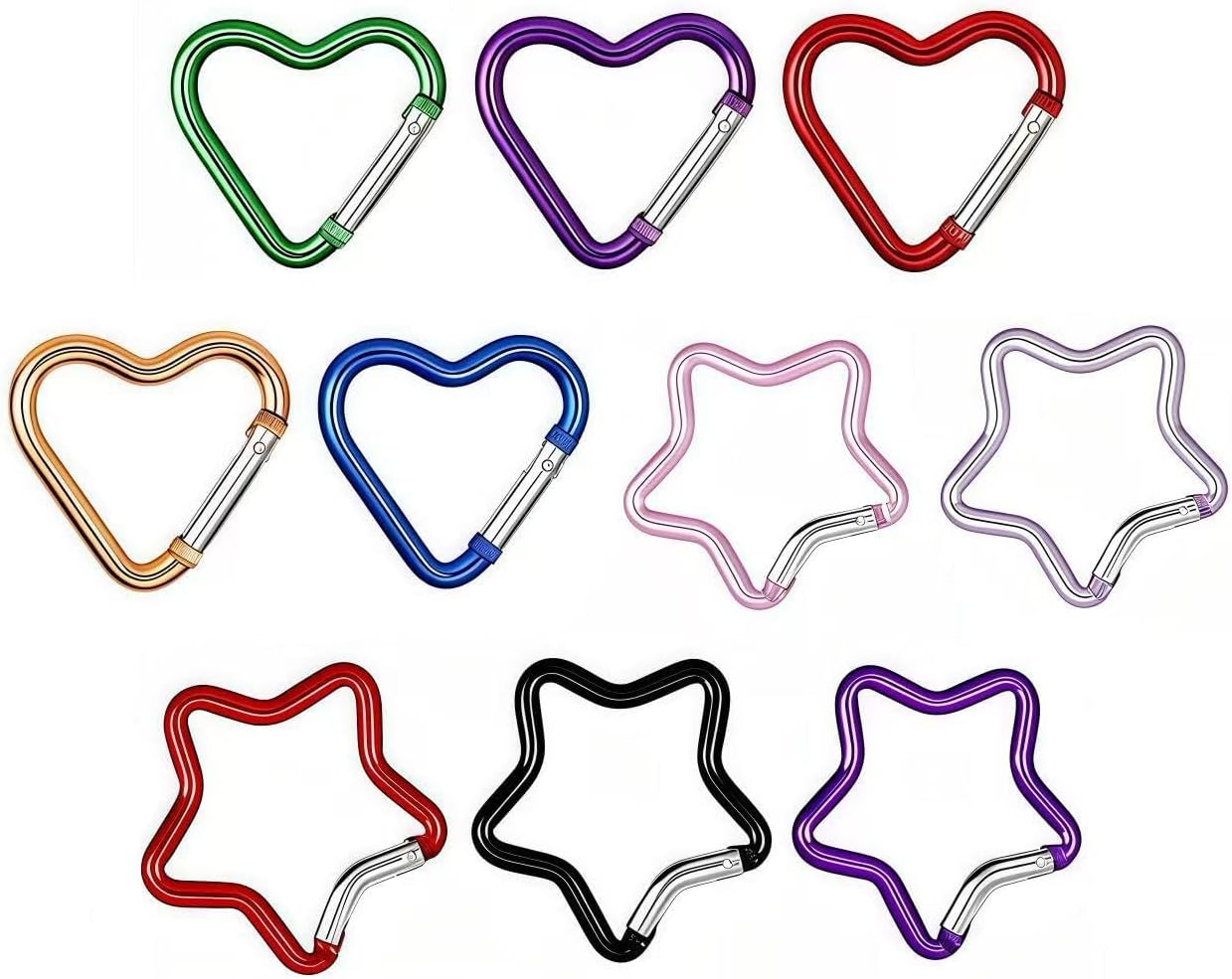 10 Pcs Aluminum Carabiner Clips, Spring Loaded Snap Hooks for Keychain Backpack, Star Heart Shape Decorative Fasteners for Travel Camping