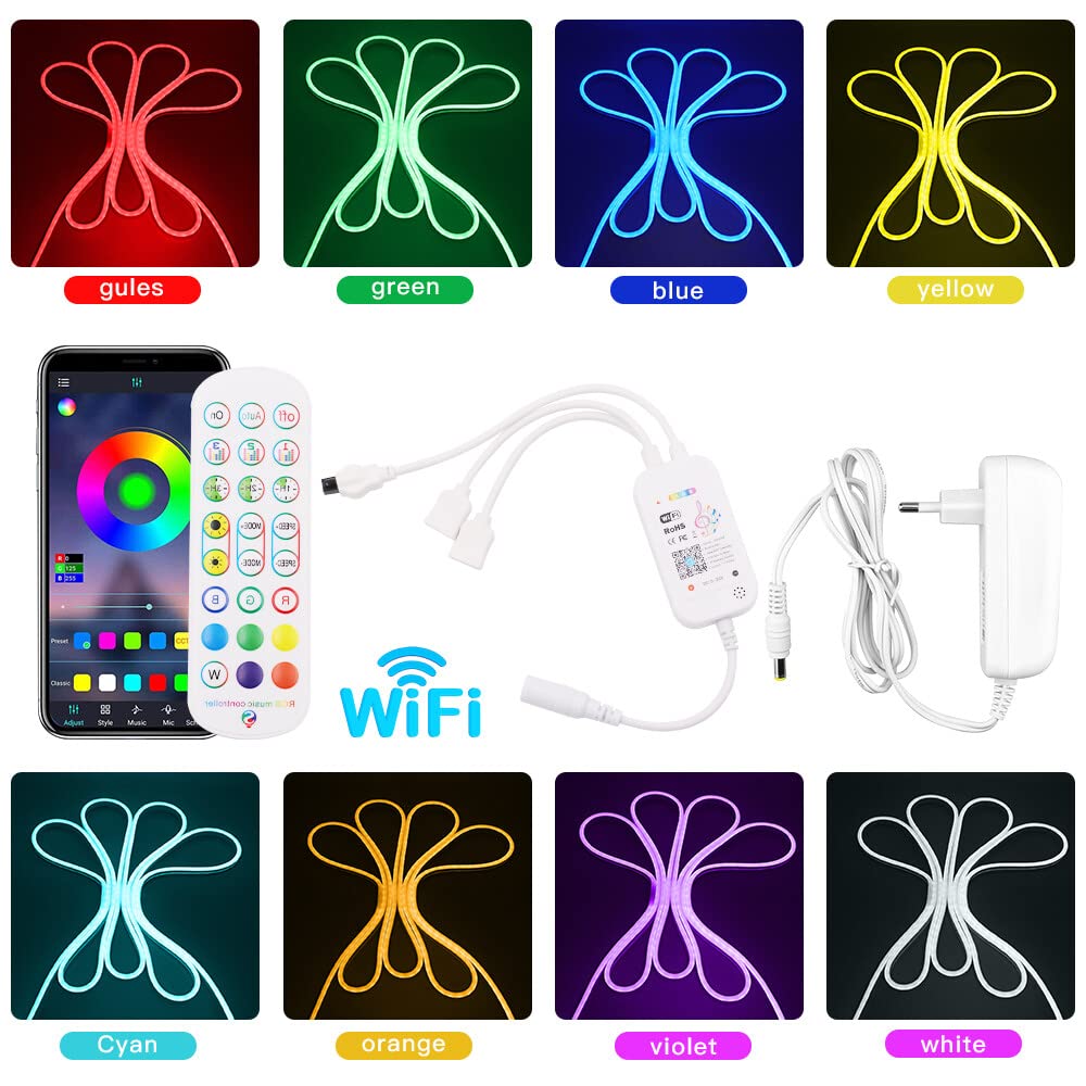 Smart RGB Neon LED Streifen, DC12V 5M 5050 360 LEDs Silikon Flexibler Neonstreifen,WIFI Musiksynchronisierung Neon LED Lichtband mit Fernbedienung & Netzteil für Schlafzimmer,Weihnachtsfeier