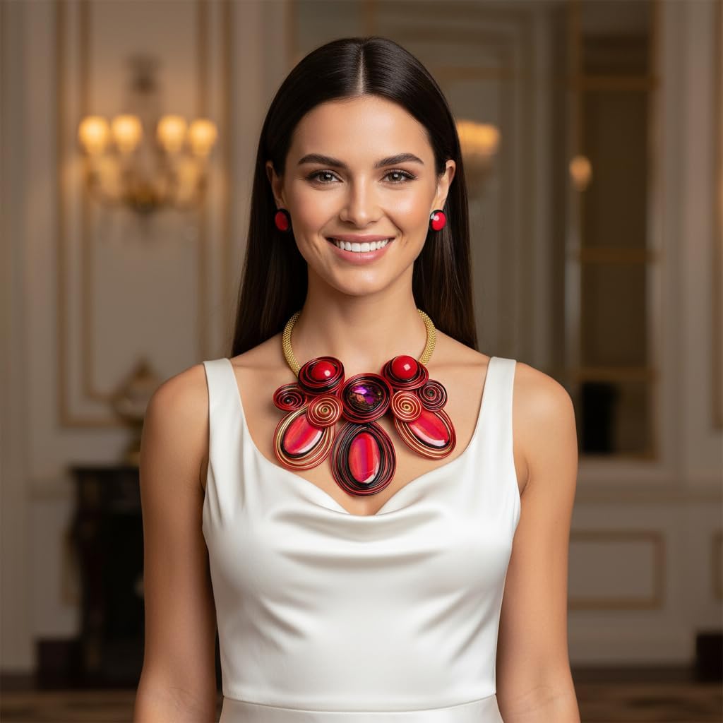 Statement Necklace and Earring Set, Purple Spiral Wire Design with Iridescent Stones,Gold Mesh Chain - Image 2