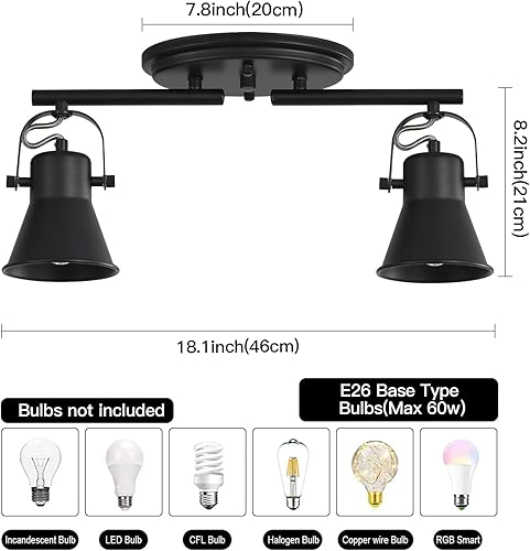 Miniatura 5 de SEEBLEN Lámpara de techo de 2 luces, lámpara de techo direccional industrial, lámpara de techo negra para cocina, sala de estar, pasillo, baño,