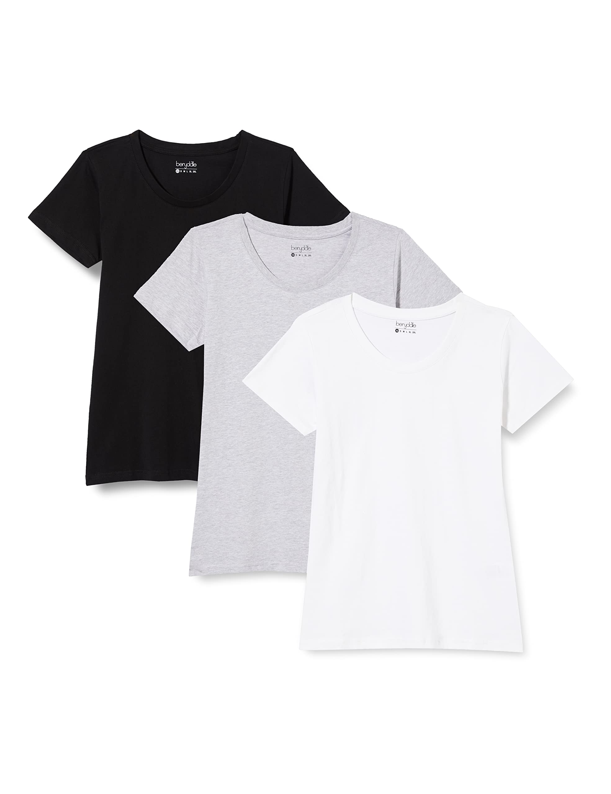 berydale Damen BD157 T-Shirt, Schwarz/Hellgrau Melange/Weiß (3er Pack), XL