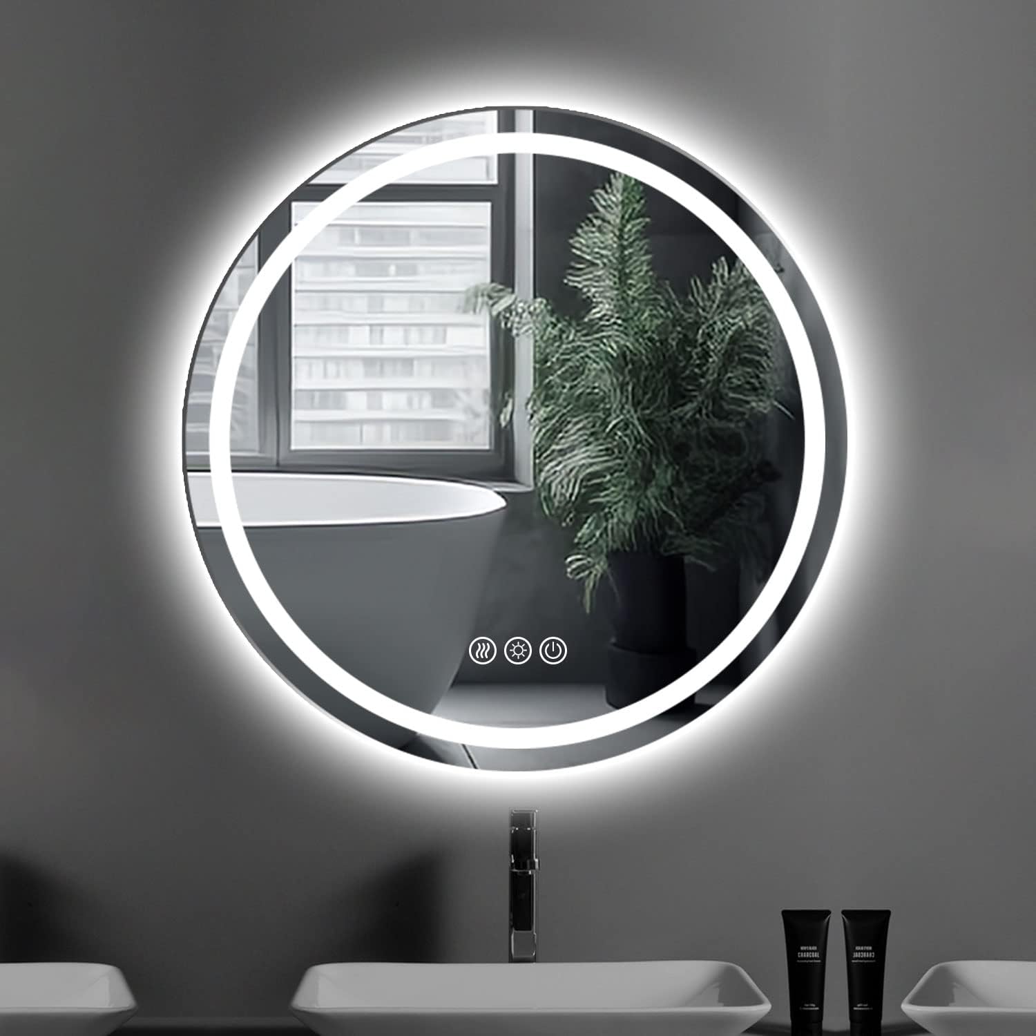 Habison 24 Inch Round Mirror with Vanity Illuminated Wall Mounted Mirror with Anti Fog & Dimmer Touch Switch Mirror CRI 95+, IP54 Waterproof Round Vanity Mirror 24 Front Light