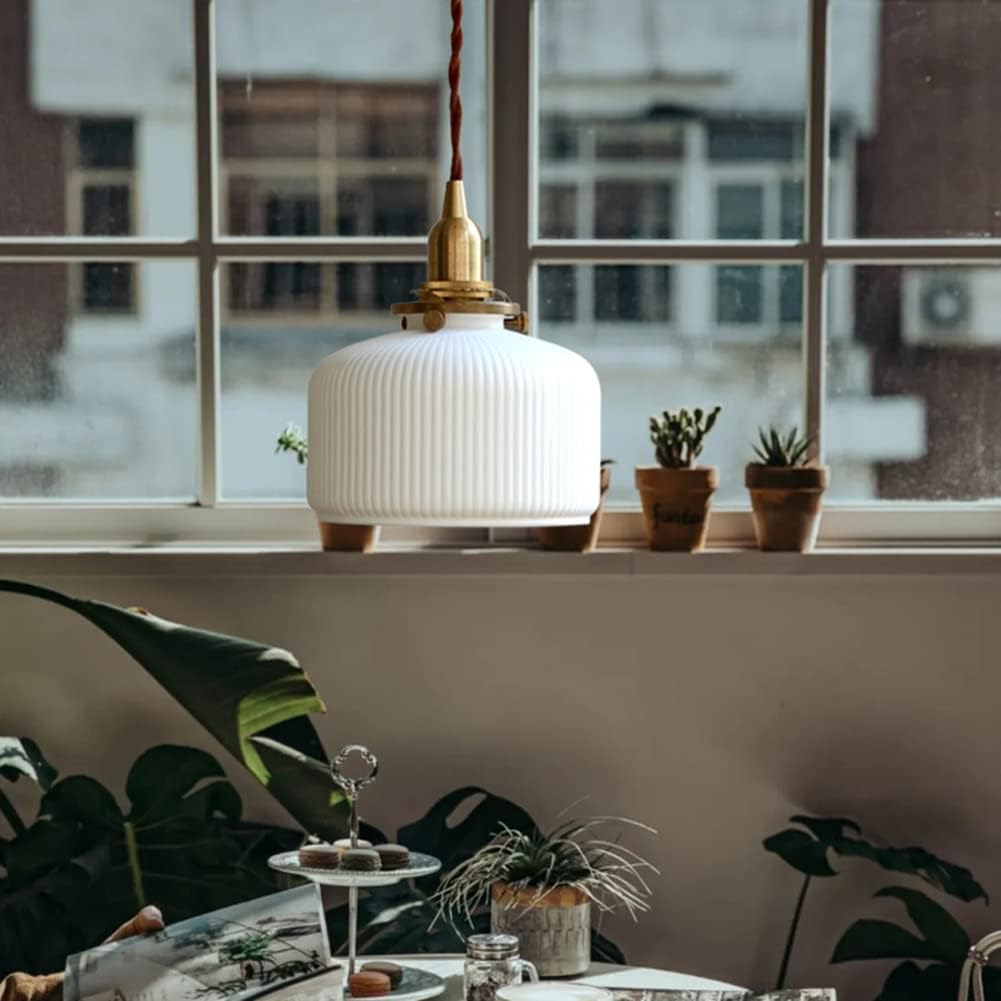 OTTOSON Modern Ceramic Pendant Light Fixtures Nordic Cylinder Hanging Lamp White Ribbed Pendant Light with Rotary Switch for Kitchen Island