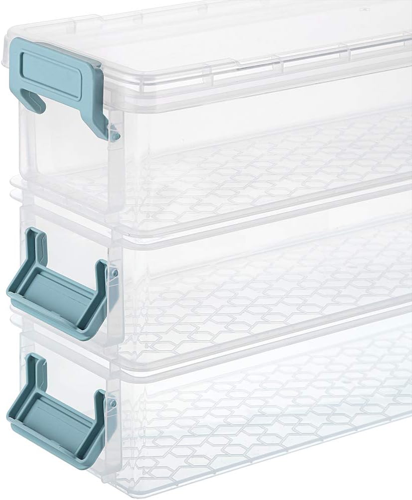 BTSKY Long Plastic Stackable Box Home, Office Supplies Storage Organizer Box Pencil Boxes Plastic Organizer Holder for Gel Pens Erasers Tape Pens Pencils Markers etc- 3 Pack - Clear with Blue Clip