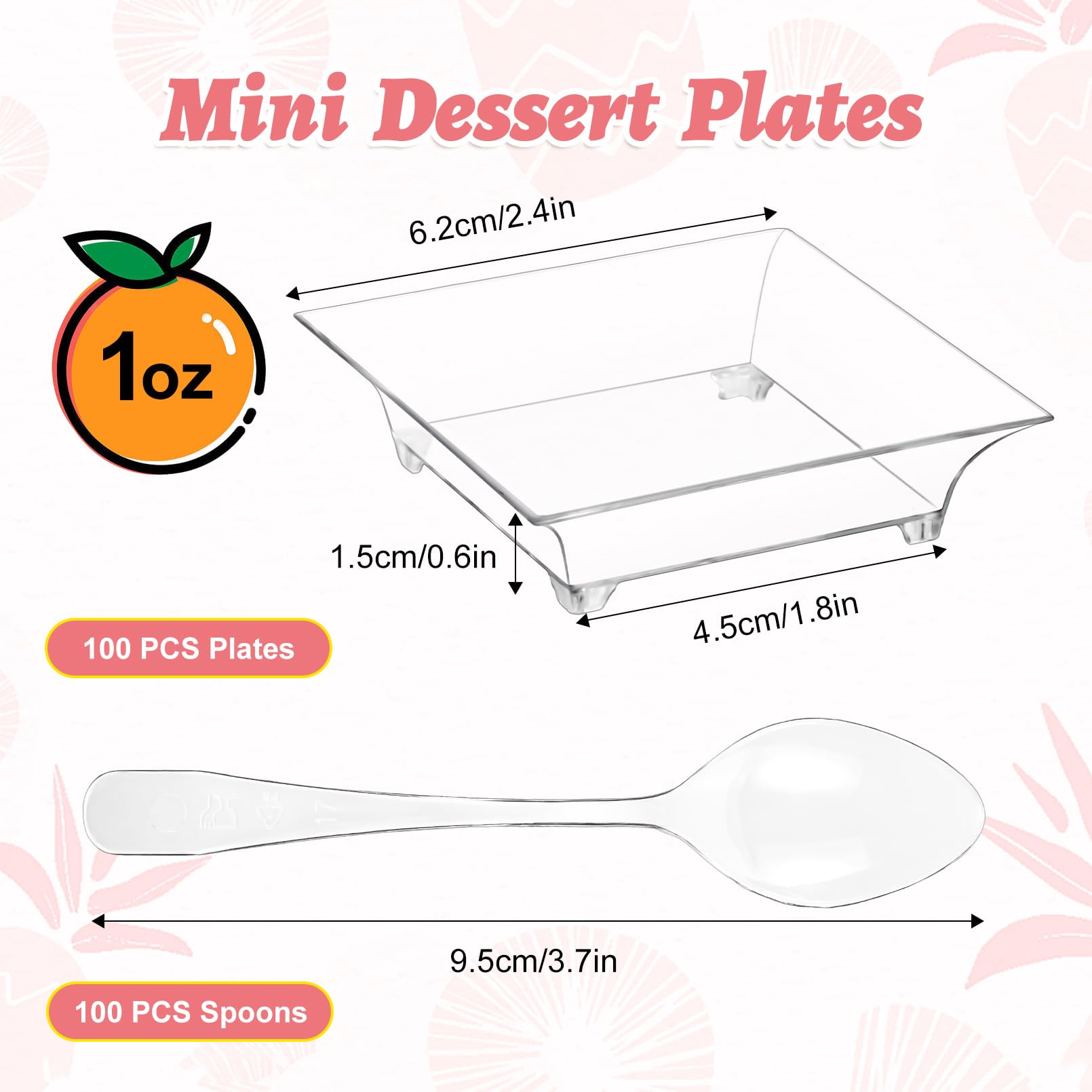 Dyrfolm 100 Pack Mini Dessert Plates with Spoons,1 oz Mini Appetizer Plates,Clear Plastic Dessert Plates,Reusable Mini Plates for Desserts Sauces Fruit Appetizers Cake Tastings (2.4'')