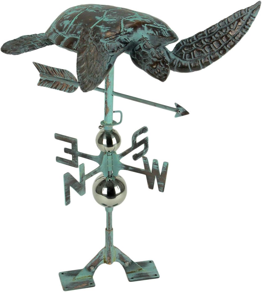 Verdigris Patina Metal Sea Turtle Weathervane with Roof Mount