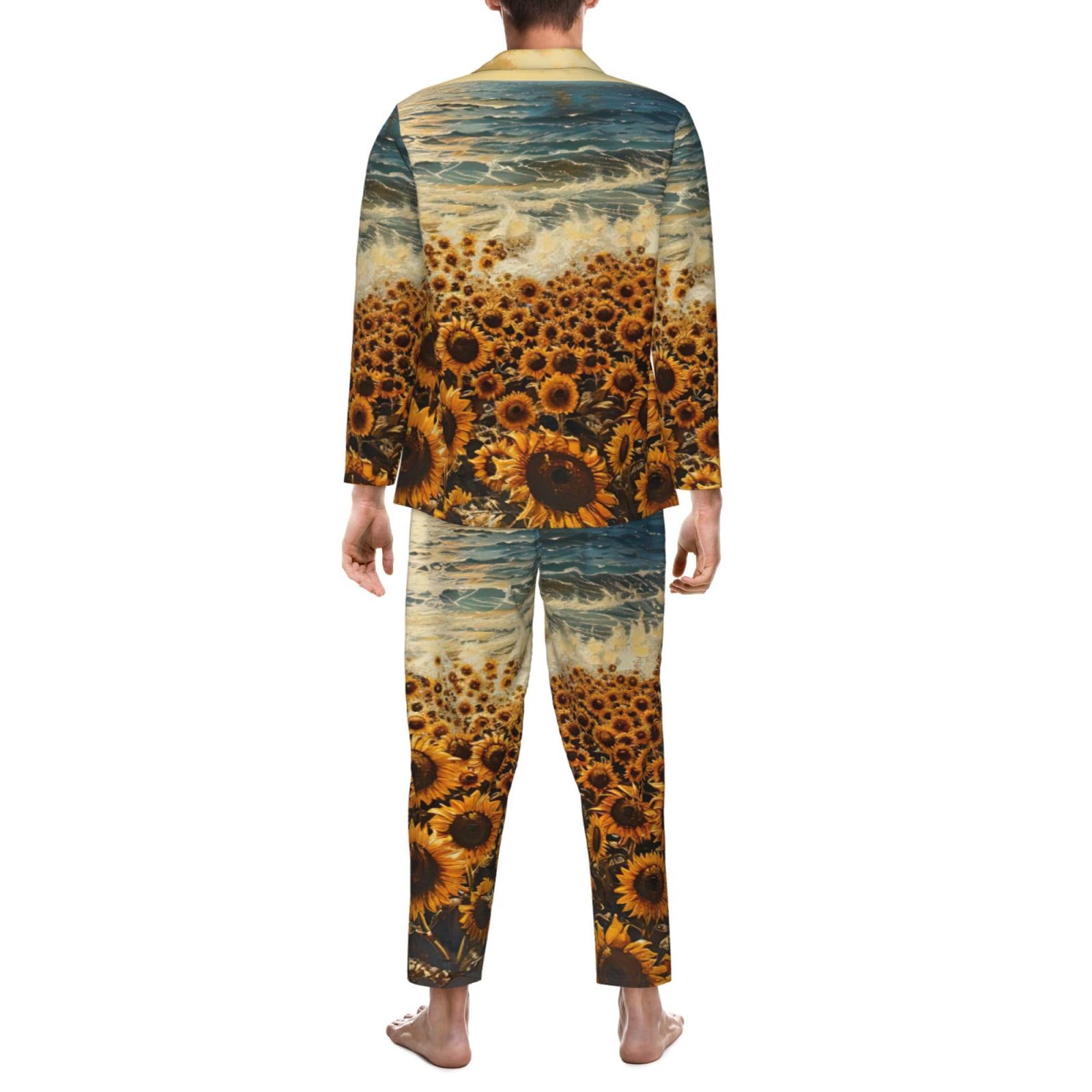 Set pigiama a maniche lunghe da uomo con stampa di girasoli marini vestito a due pezzi traspirante accogliente Weekend Loungewear
