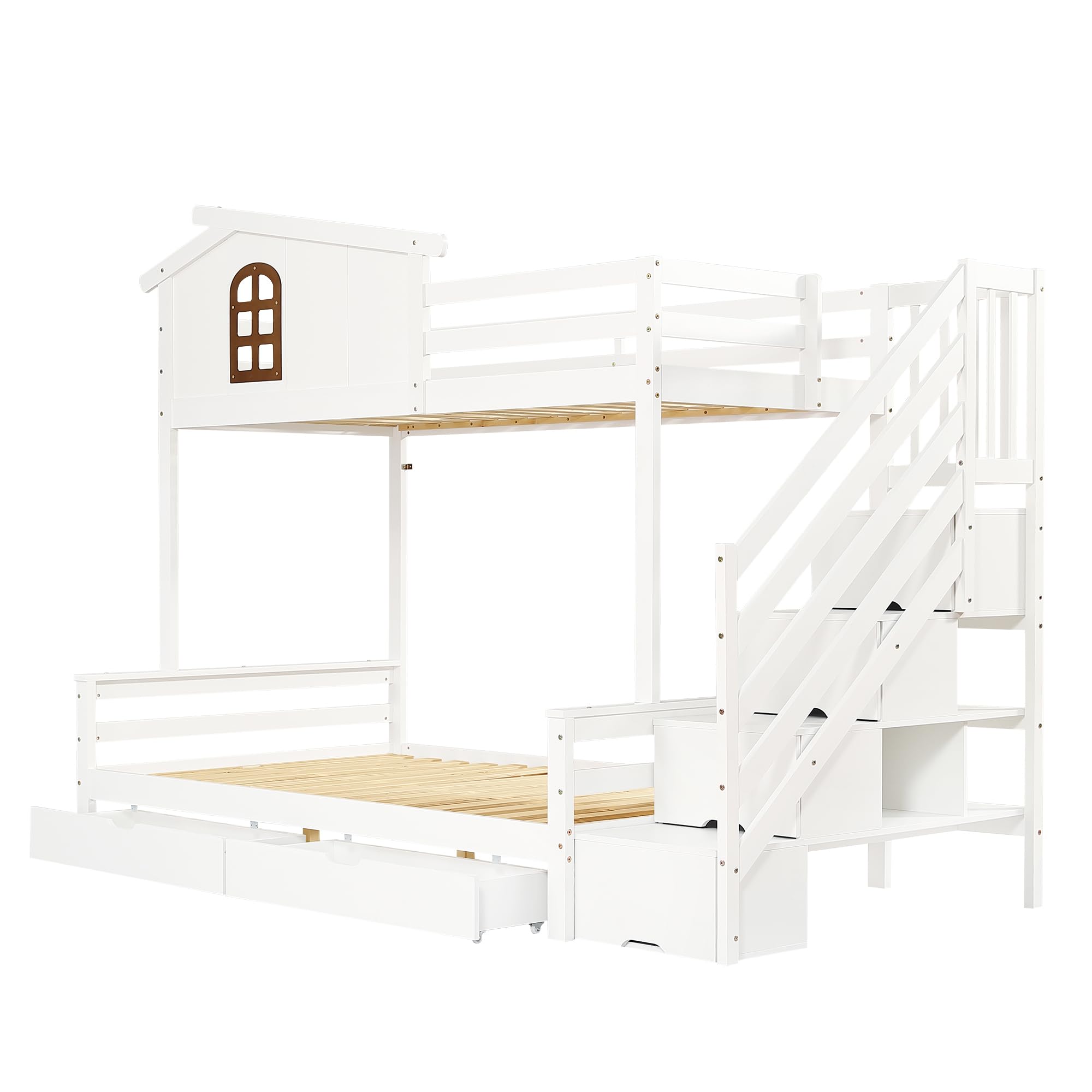 Kinderbett Bett 90x200 & 120x200 cm Etagenbett 2 Kinder, Hochbett mit Stauraum Treppe, Hausbett mit Stauraum 2 Schubladen, Holzbett Kinderbett mit Rausfallschutz, Ohne Matratze, Weiß