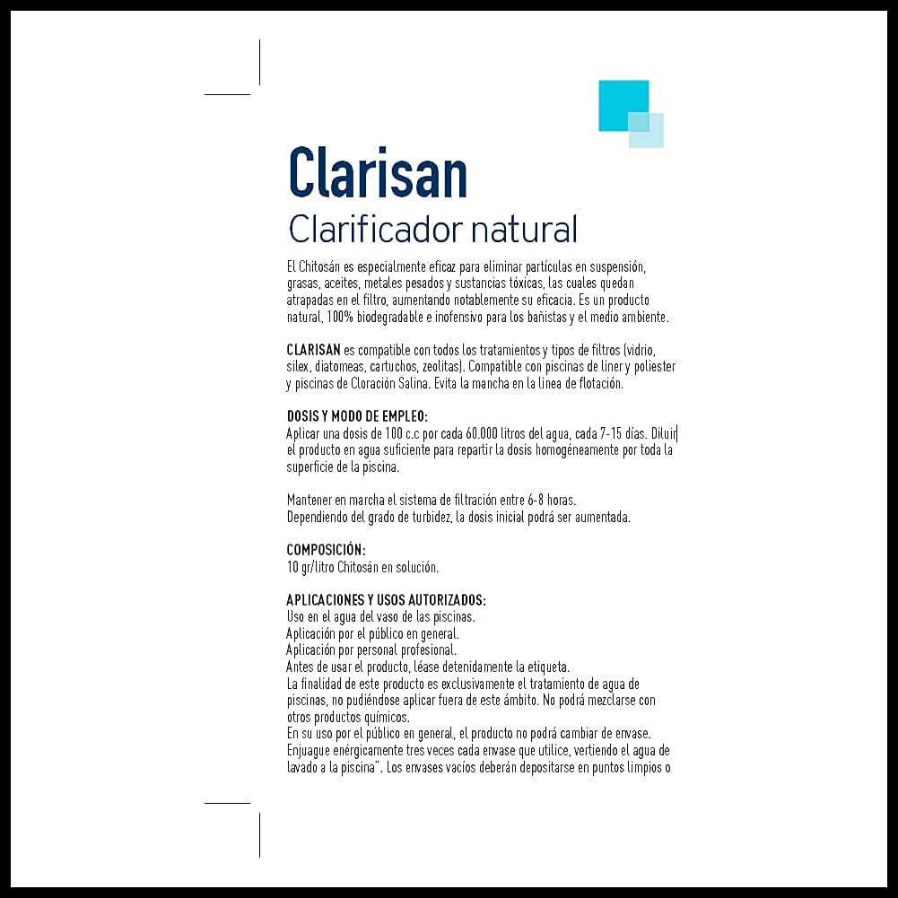 Clarisan| Clarificador Natural liquido para Piscinas | Alta concentración | Disolución rápida| Fabricado en España | Válido para Jacuzzi, Piscinas y spash | 5 litros