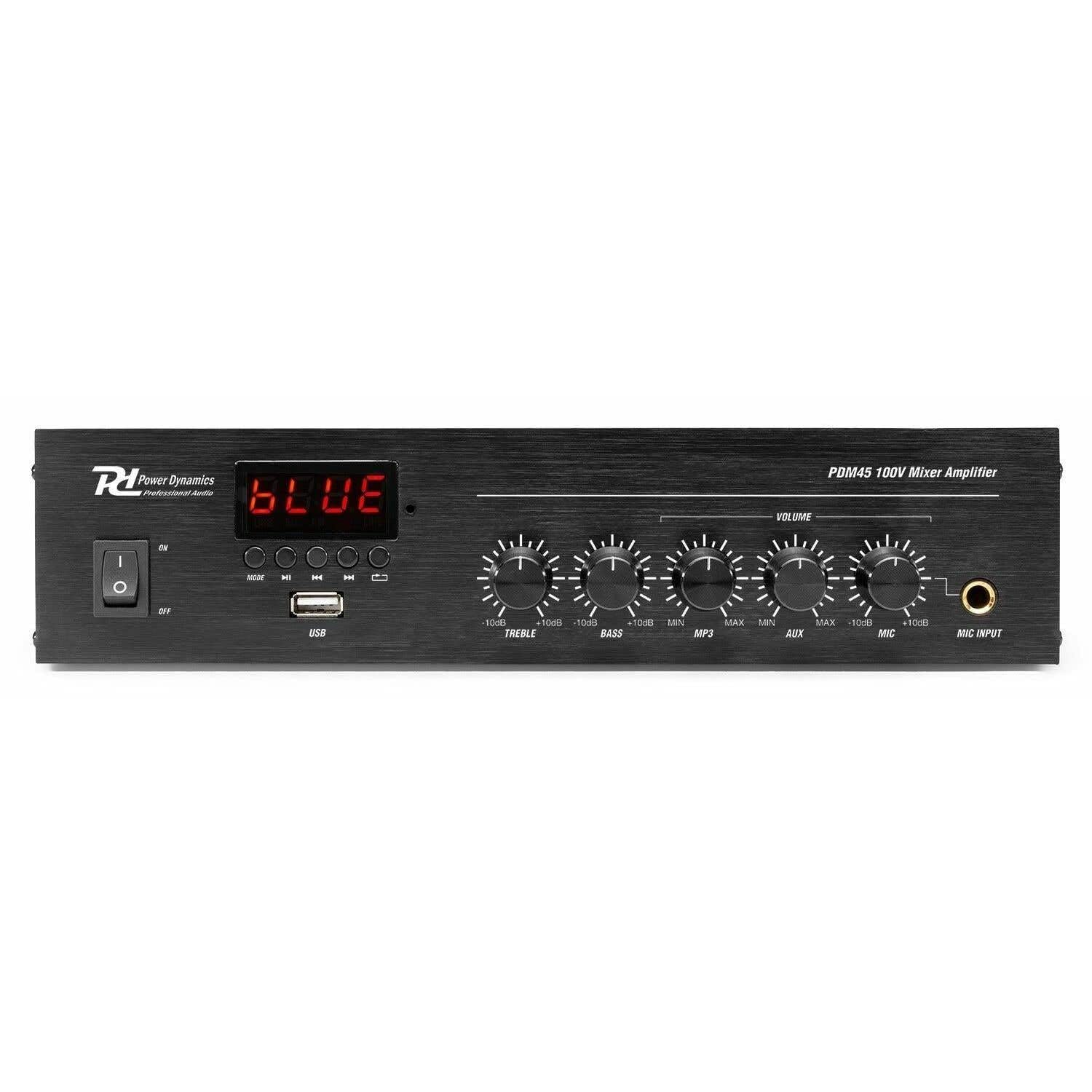 Power Dynamics PDM45 Amplificador con Bluetooth y función Radio FM Amplificador100 voltios, Reproductor MP3, Entrada de línea, instalación de música, Receptor de Radio para Tiendas, hogar y Mucho más