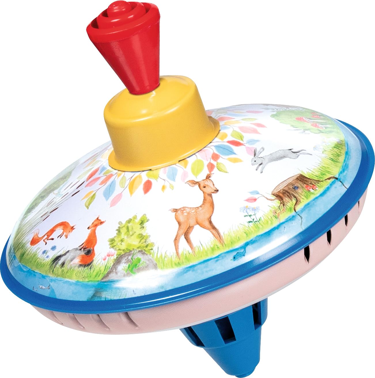 goki 53780 - Humming Spinning Top in the Light Made of Tin Colourful Spinning Top Brings Joy and Fun to the Children's Room, Classic Swing Spinner with Stand and Animal Motifs, 14 cm High, from 1 Year