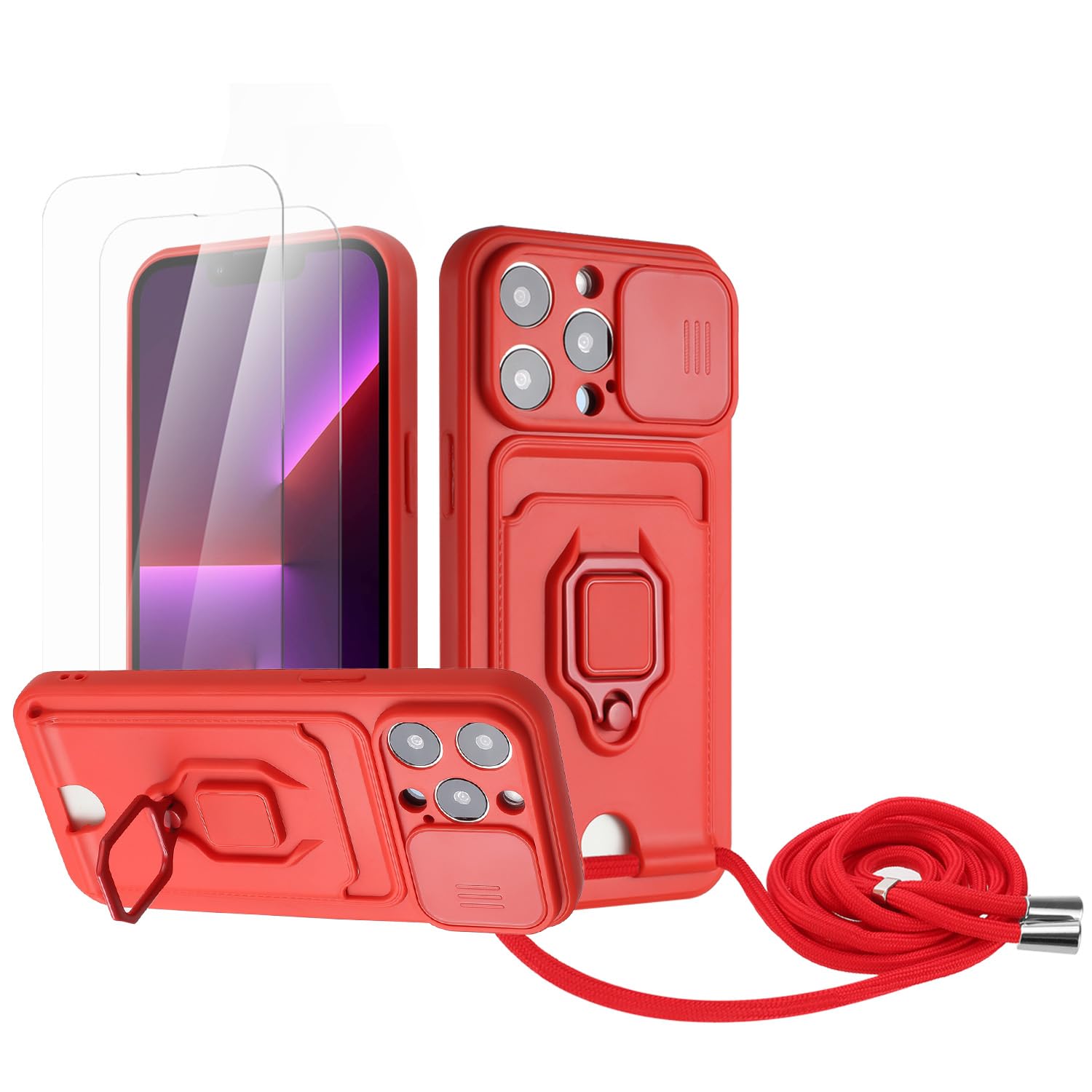 Zallagre Funda con Cuerda Compatible con Redmi Note 13 Pro 5G,[2 Packs Cristal Templado],Ranura para Tarjetas,Cubierta de Cámara Deslizante Proteger,360 Anillo Soporte-Morado — view 67
