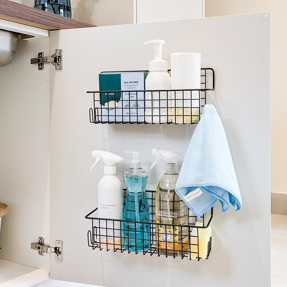 Kempt Black 2-Piece Kitchen Cabinet Storage And Shower Caddy Set – Stainless Steel, Adhesive No-Drill Rust-Proof Wall Organisers For Toiletries, Small Items, Bathroom, Cupboard, Fridge