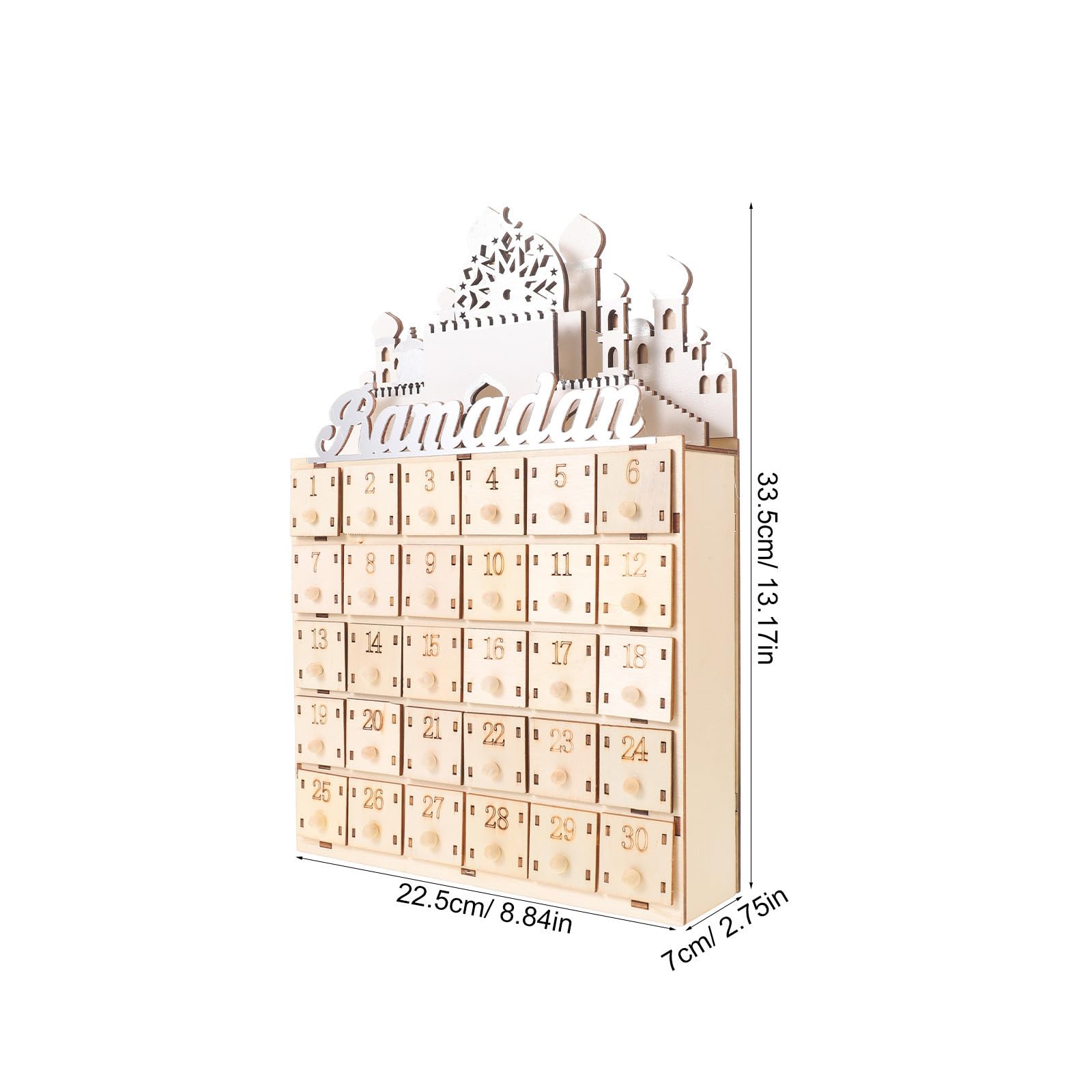 STOBAZA Calendario de Cuenta Regresiva para Ramadán con 30 Cajones de Madera y Luz Led, Decoración Beige Hogar y Festival de Eid Mubarak