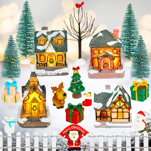 Warmtree 22 Pcs Christmas Village Houses Set, Resin Christmas Scene Village Town, Santa Tree Picket Fence Snow Figurines Accessories for Holiday Home Garden Office Festival Decor