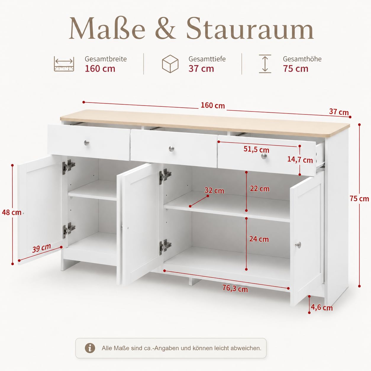 Sideboard Wohnzimmer, Sideboard Weiss Holzmaserung, Küchenschrank Buffetschrank Mit 3 Stauraum Schublade Und 4 Türen, Kommoden Sideboards Für Wohnzimmer Esszimmer Flur