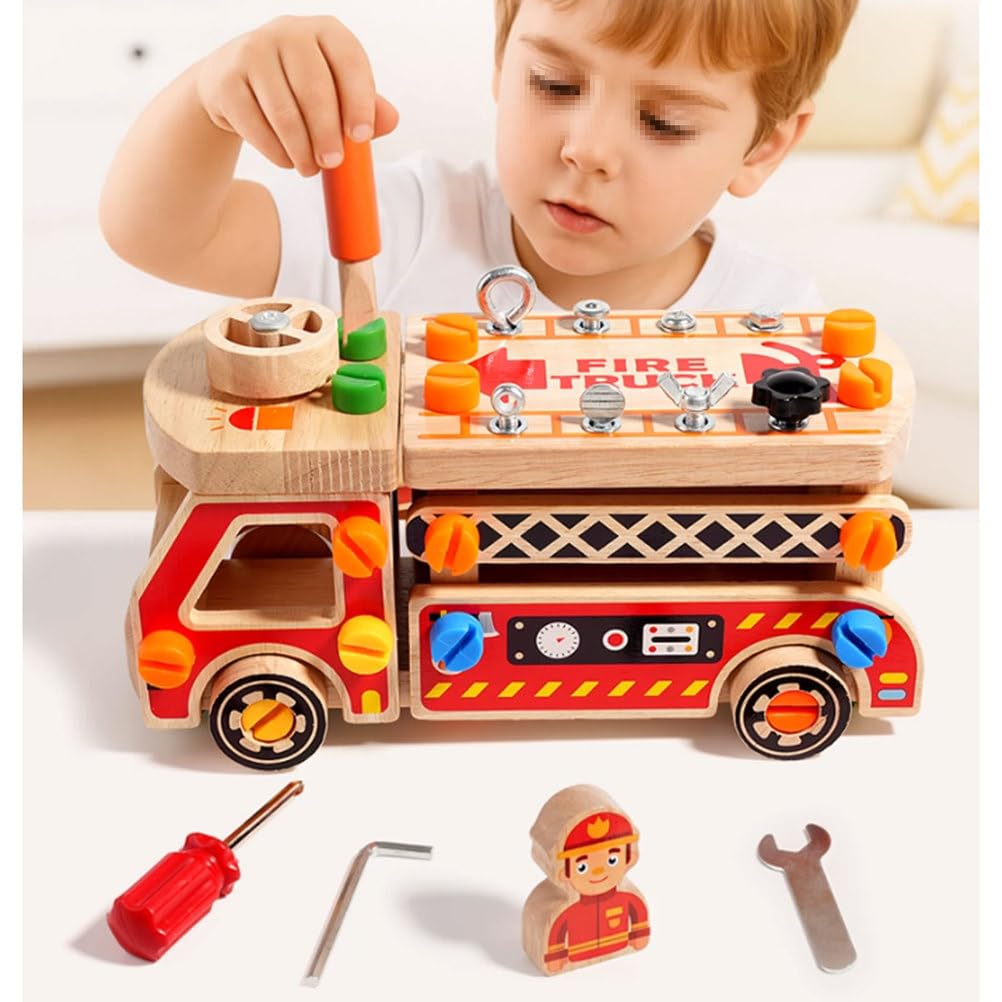 Camión de Bomberos de Madera Montessori para Desmontar | Bloques Construcción Multifuncionales Ensamblaje Desensamblaje Tuercas, Vehículo Construcción con Destornillador