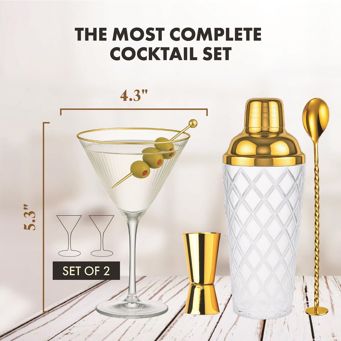 Vemacity Glass Cocktail Making Kit + 2 Ribbed Martini Glasses with Gold Rims - Image 2