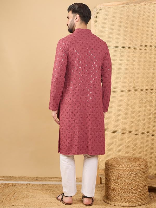 Image of Men's Solid Embroidered Long Straight Kurta | Men's Kurta | Embroidered Chikankari Kurta for Men | Straight Fit Kurta for Men