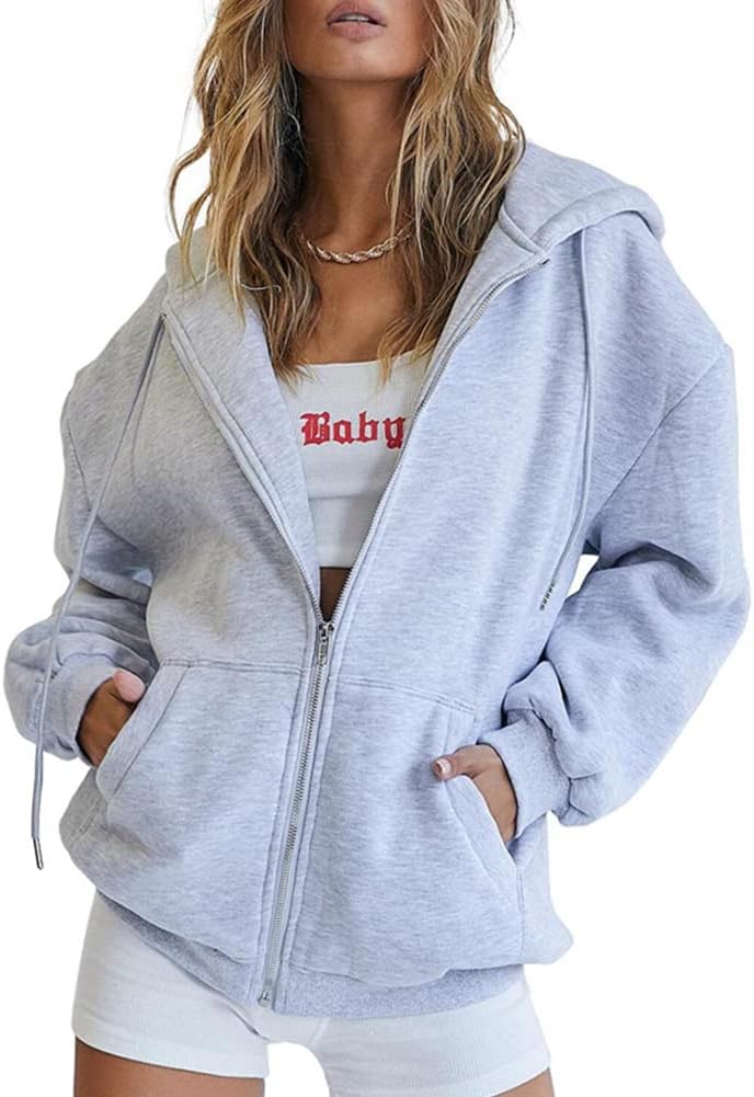 diffstyleWomen's Cute Full Zip Up Jacket Oversized Fall Y2K Hoodies Casual Long Sleeve Drawstring Sweatshirts With Pockets