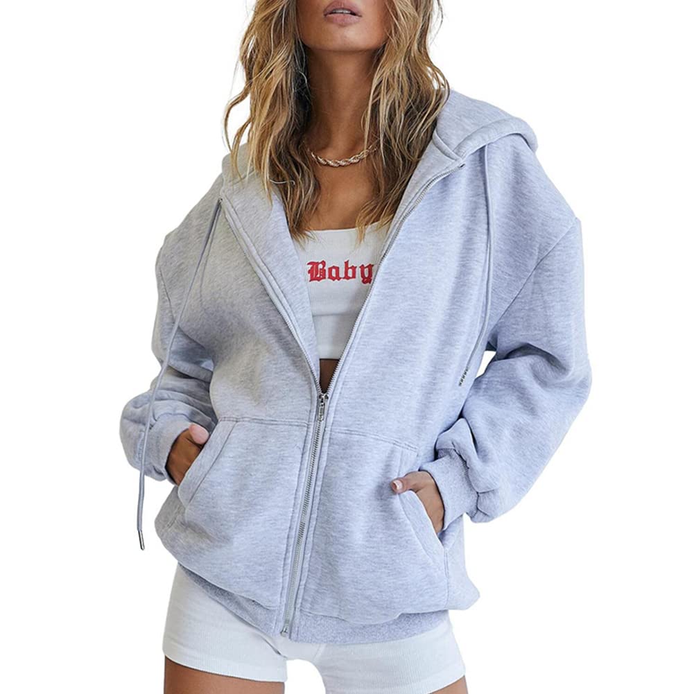 diffstyleWomen's Cute Full Zip Up Jacket Oversized Fall Y2K Hoodies Casual Long Sleeve Drawstring Sweatshirts With Pockets