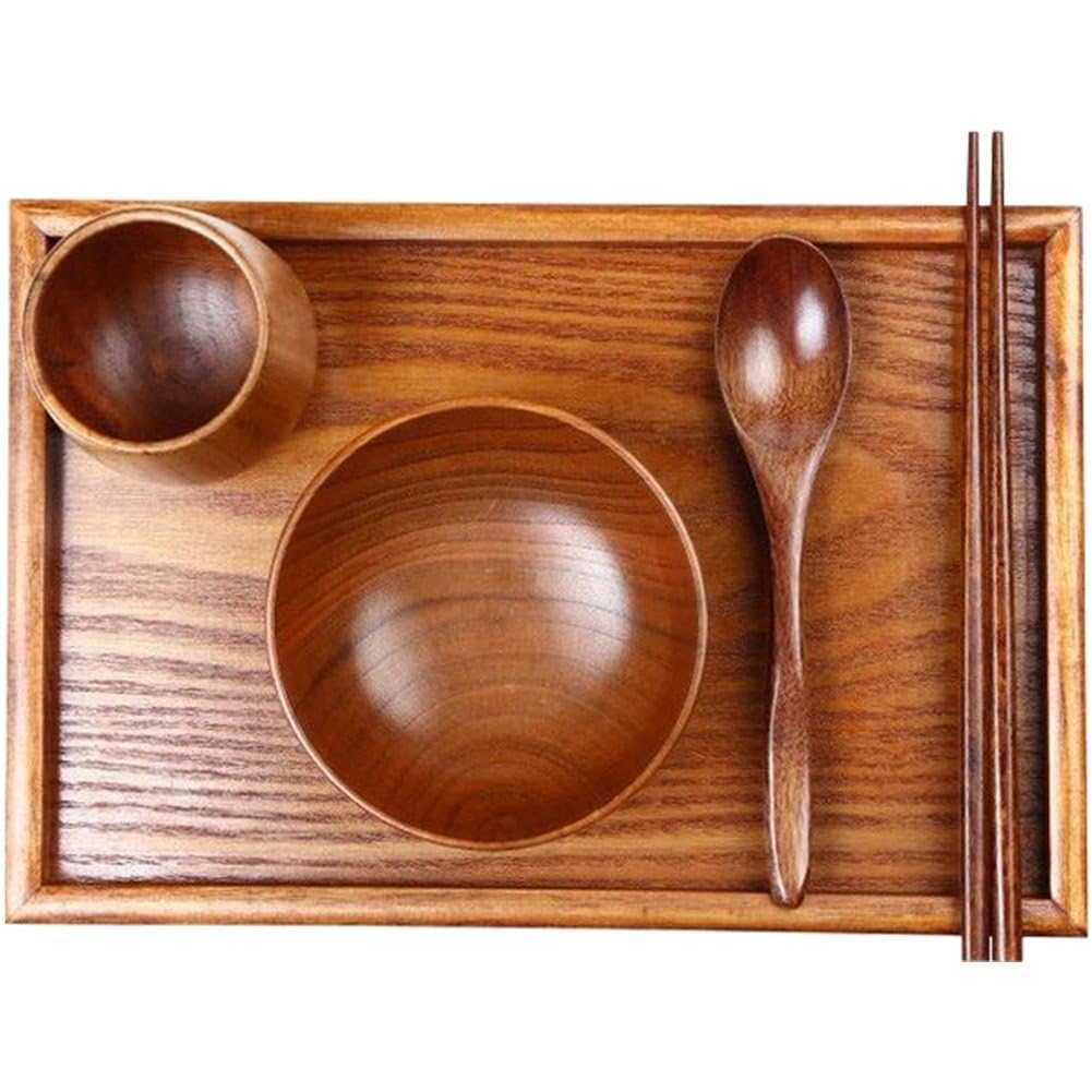 Ensemble De 1 Plateau en Bois Japonais avec Bols, Baguettes, Cuillères, Tasses Couverts Coréens Rectangulaires pour Cuisine.