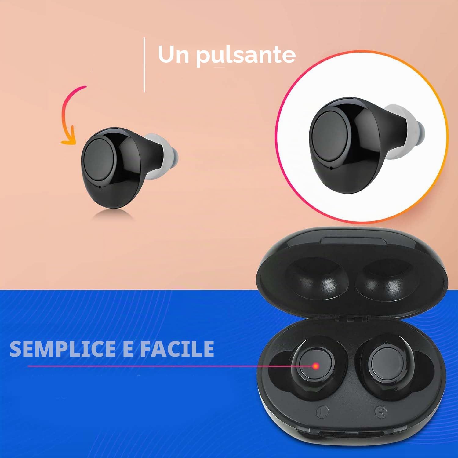 MEDca Premium Dispositivo audio personale nell'orecchio di nuova generazione con riduzione del rumore Set da 2 pezzi ITE ricaricabile, custodia di ricarica portatile Sound Assist per adulti e anziani