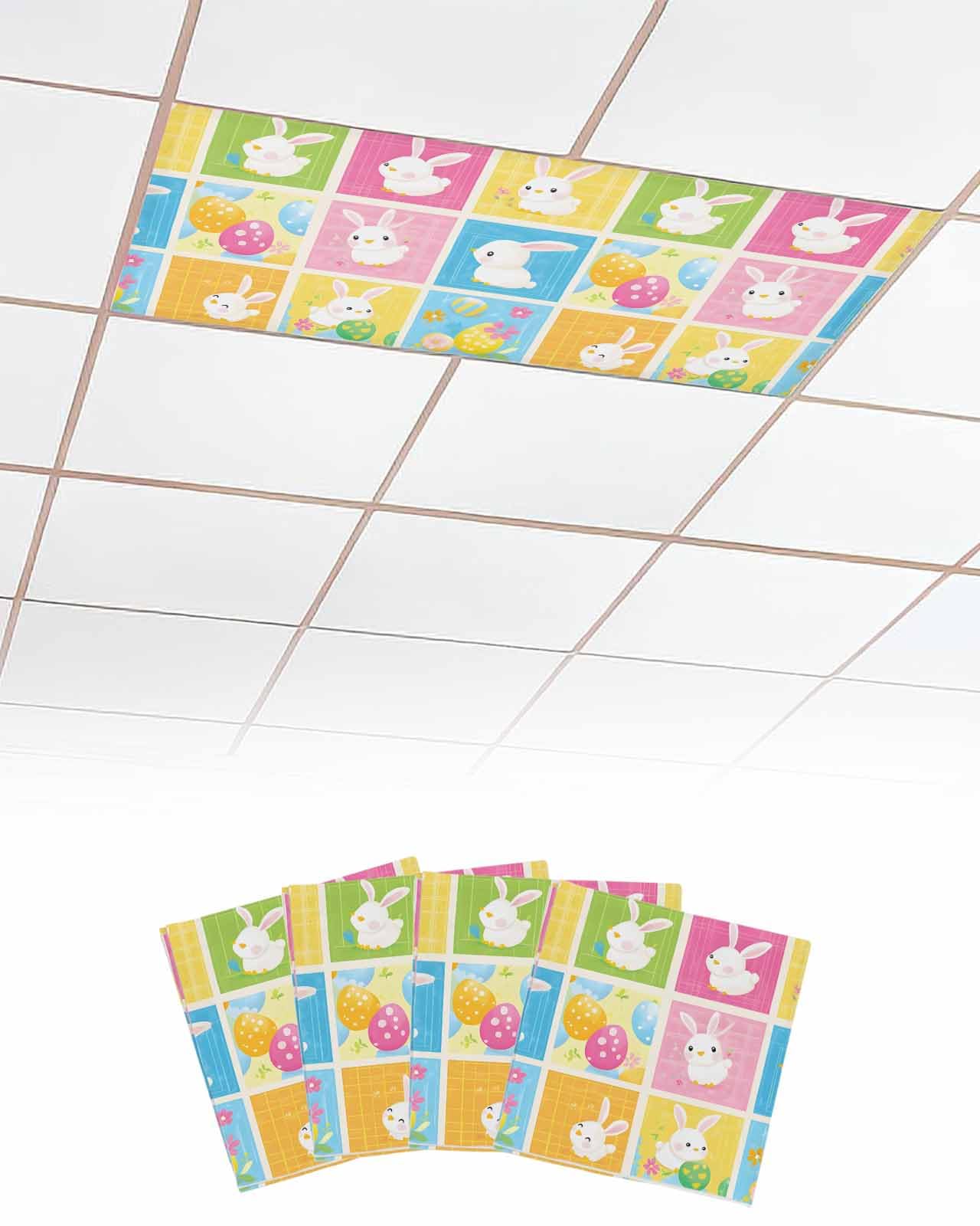 Easter 4 Pcs Fluorescent Light Covers for Ceiling Lights, Rabbit Colorful Eggs Stitched Plaid Magnetic Light Filters for Eliminate Harsh Glare Classroom Office Decoration, 4 x 2 Ft