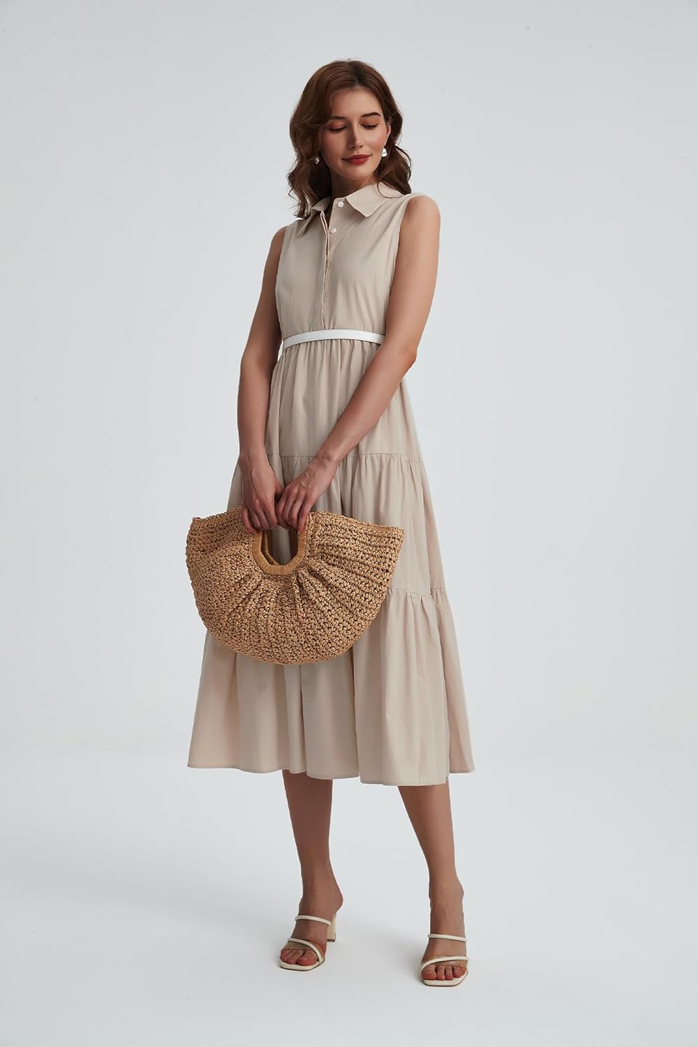 Womens Summer Button Down Maxi Shirt Dress Sleeveless Collared V Neck Tiered Flowy Midi Dress - Image 3