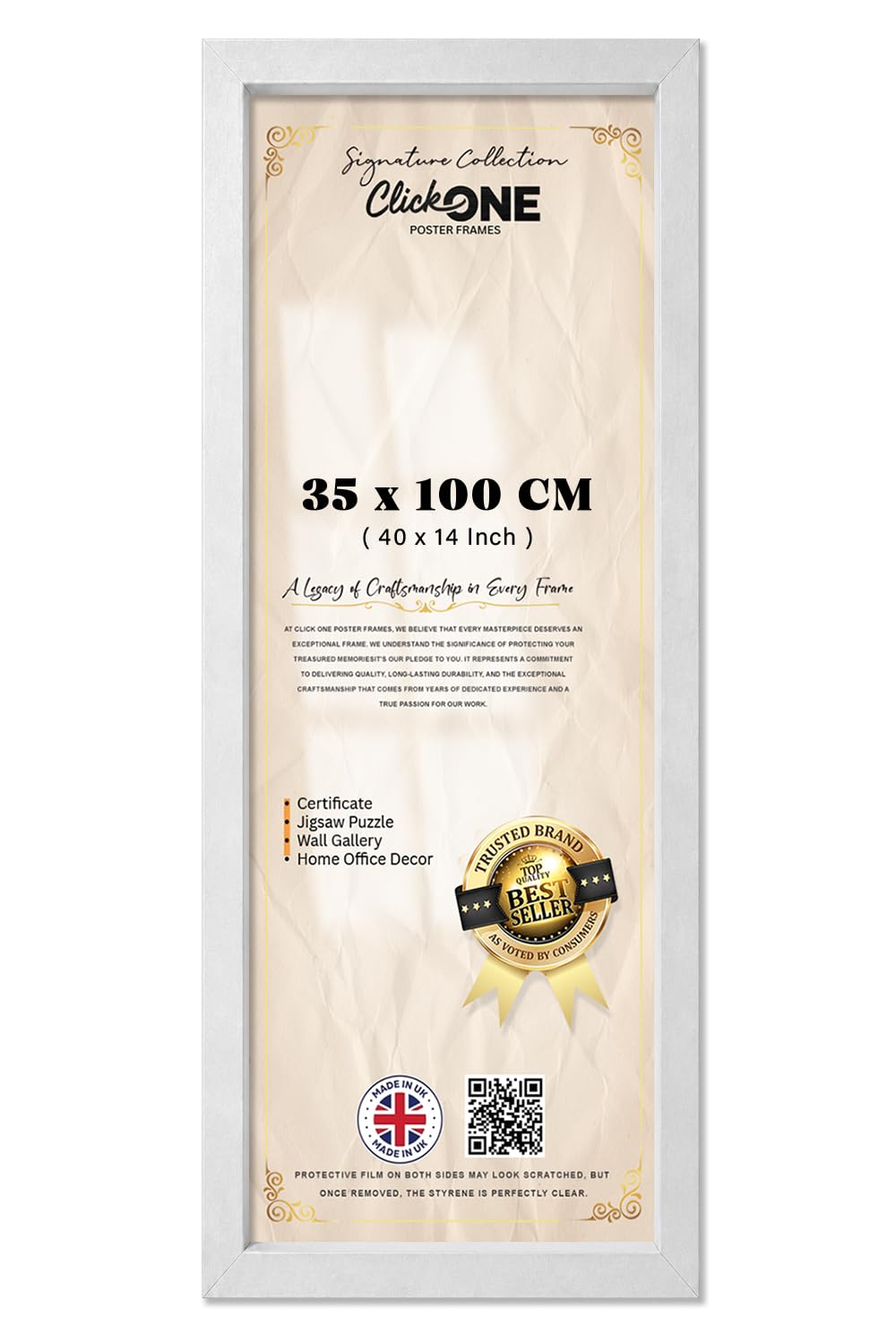 Click One Large 35 X 100 cm Frame With Crystal Clear Perspex Front For Vertical And Horizontal Display Ideal For Offices And Art Galleries 40 X 14 Inch Light Grey Slim Metal Backing