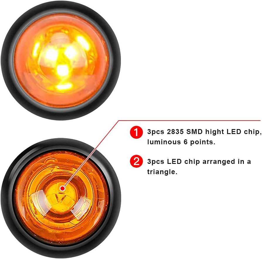 50 PCS 3/4" Round LED Clearence Light Front Rear Side Marker Indicators Light (SAE DOT PC2) for Trailer Truck Car Bus RV Van Caravan Boat (Amber)