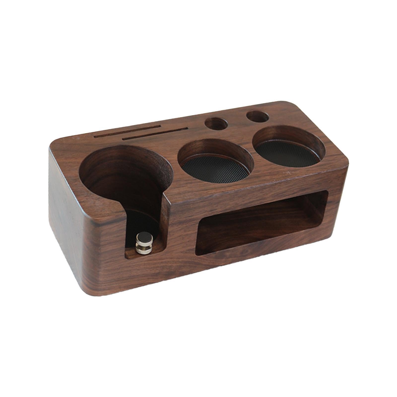 Kaffeetamperstation mit Rutschfester Matte, robustem Holzständer, einzigartigem Siebträgerhalter und Kaffeezubehör.