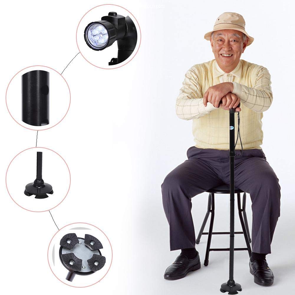 Uxsiya Bastone da passeggio portatile pieghevole anti-shock regolabile in altezza per anziani e arrampicata (nero senza luce LED)