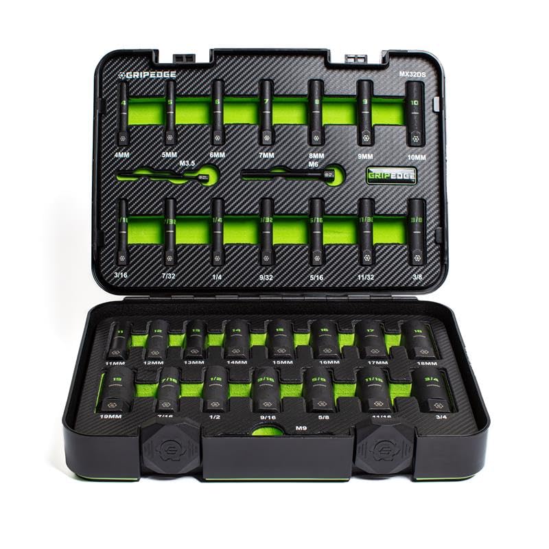 GripEdge | 32-PC 1/4 & 3/8 Drive Deep Metric & SAE Master Socket Extractor Set| Includes sizes - 4-19mm & 3/16-3/4 | Includes Premium Plastic Case With Foam Insert |