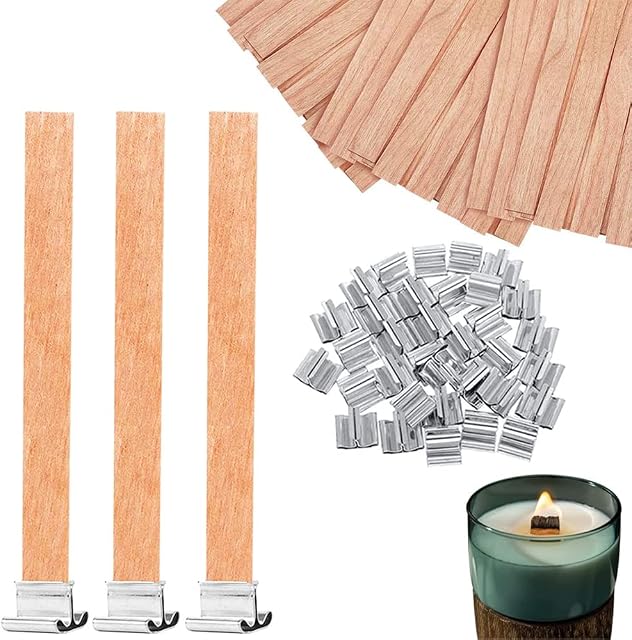 Natural Wood Candle Wicks, Thick Wooden Candle Wick, Cores with Iron Stands Wick, Set Contains 80 Wooden Candle Wicks and Iron Bases, for Handmade Candles, Candle Manufacturers Produce Candles