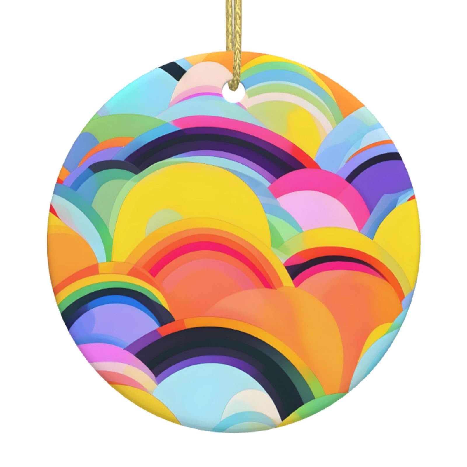 Rainbow Pattern Print Christmas Ornaments, Ceramic Hanging Ornament, Round Shape Decorations