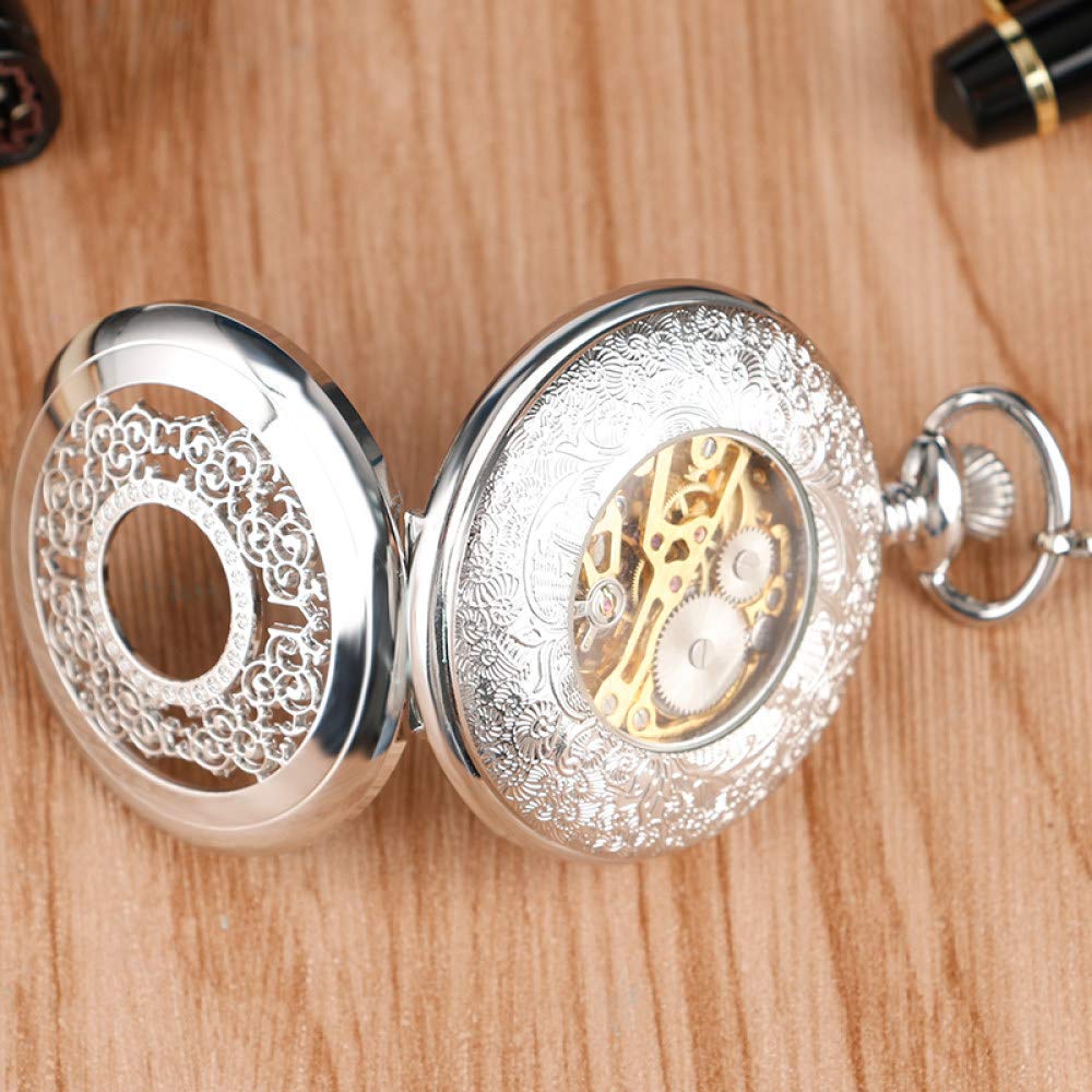 Desconocido Reloj de Bolsillo, Reloj de Bolsillo Retro Exquisito Steampunk Plata Vintage mecánico clásico Cuerda Manual Rejillas Mujer Cadena