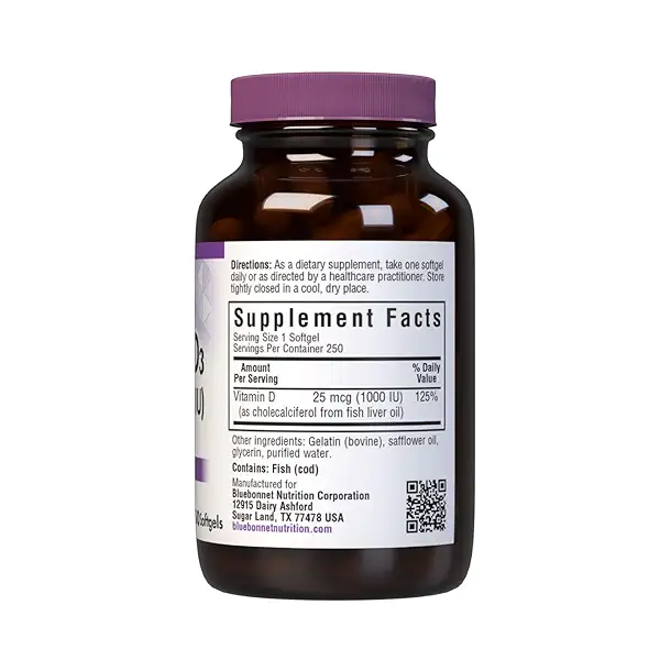 Bluebonnet Nutrition Vitamin D3 1000 IU Softgels, Aids in Muscle and Skeletal Growth, Cholecalciferol from Fish Oil, Non GMO, Gluten Free, Soy Free, Dairy Free, 250 Softgels 2