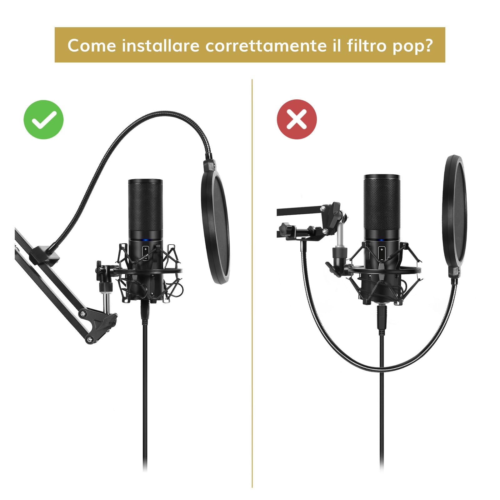 TONOR Braccio per Microfono Regolabile con Filtro Anti-Pop, Adattatore da 3/8" a 5/8", Clip per Microfono, Morsetto Resistente, Ideale per Podcast, Streaming, Giochi, Telelavoro, 35 cm +35 cm, T20