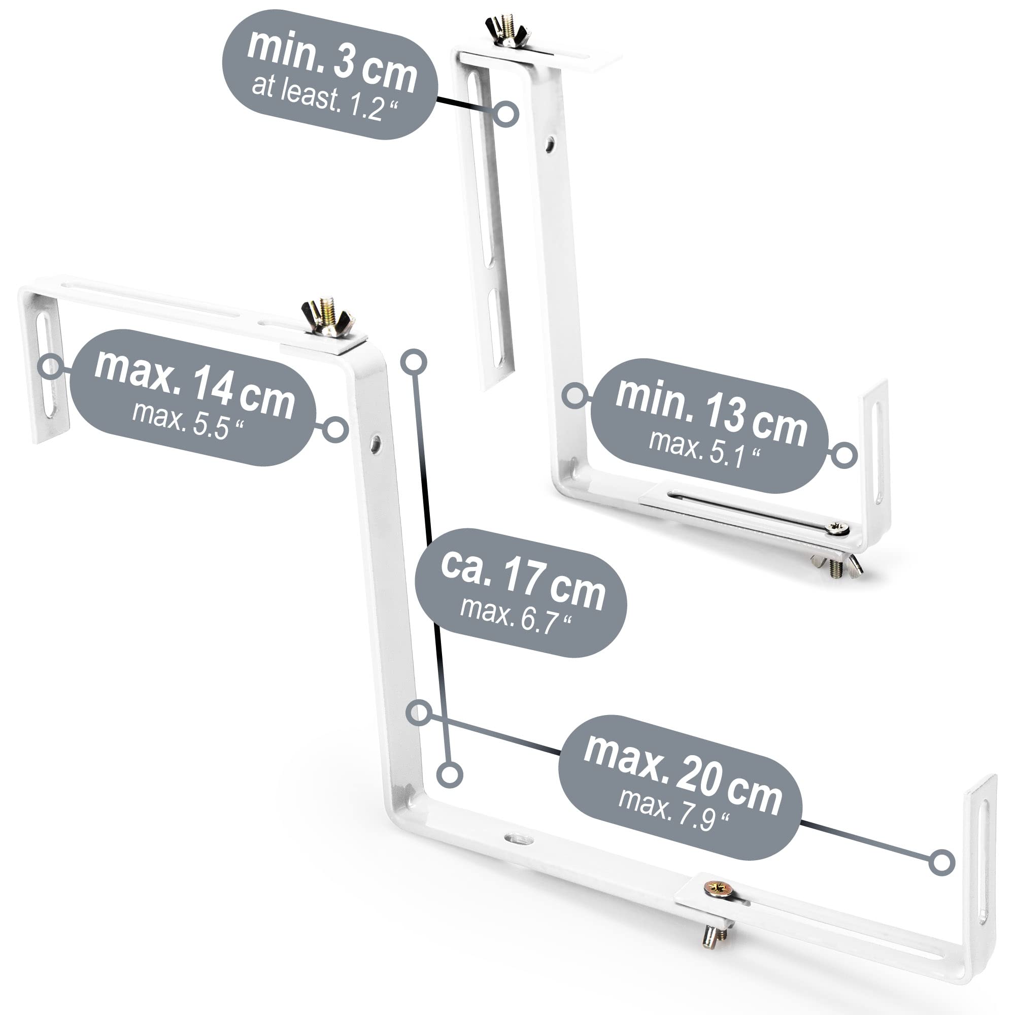 com-four® 8X Blumenkastenhalter für Balkon-Brüstungen und Geländer - Flexible Befestigung aus Metall für Pflanzkästen - 2-Fach verstellbar - kein Bohren notwendig (weiß)
