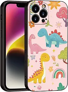 for iPhone 16 pro max Case Dinosaur Cartoon Cute Pink Phone Case - 3 Colorful Dinosaurs with Flowers & Rainbow Design, Playful & Stylish Protective Cover for Girls & Women (B1-cartoon cute dinosaurs)