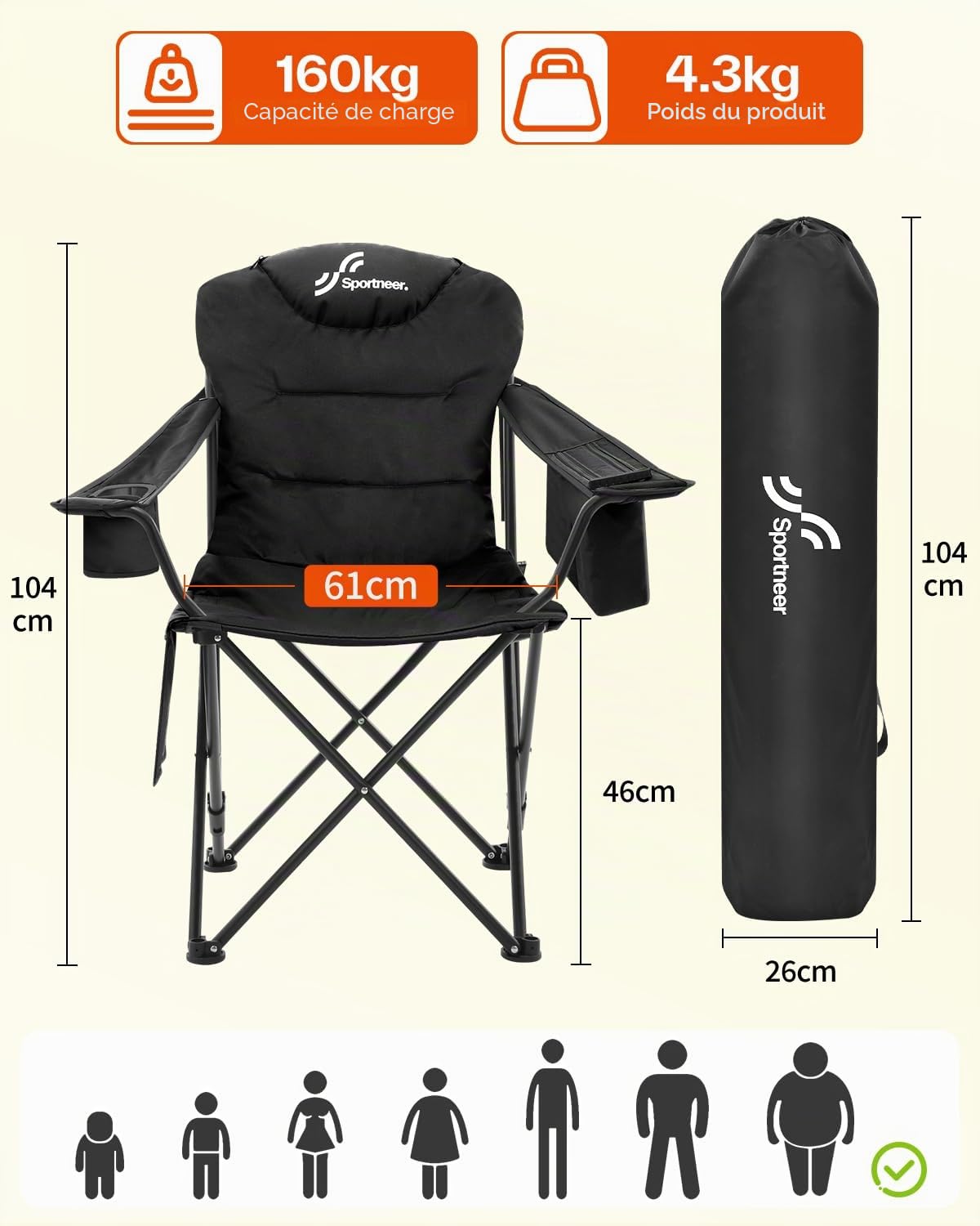 Sportneer Chaise de camping pliante : chaise pliante de camping jusqu'à 160 kg 3 angles réglables Chaise de camping Chaise de pêche avec dossier, appui-tête et sac de transport, chaise pliante camping
